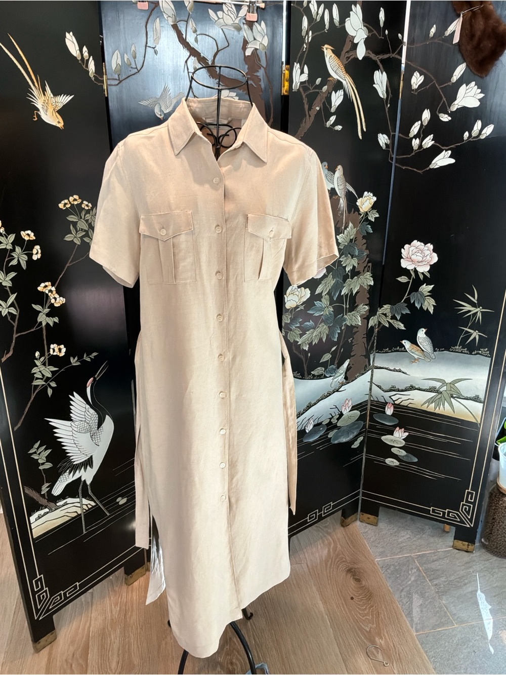 Amanda Smith Petite Silk Linen Utility Safari Midi Shirt Dress Beige 12P